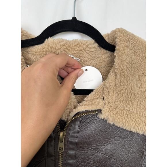 En Crème Women's Faux Leather Sherpa Aviator Jacket Brown & Tan Size L - Picture 3 of 11